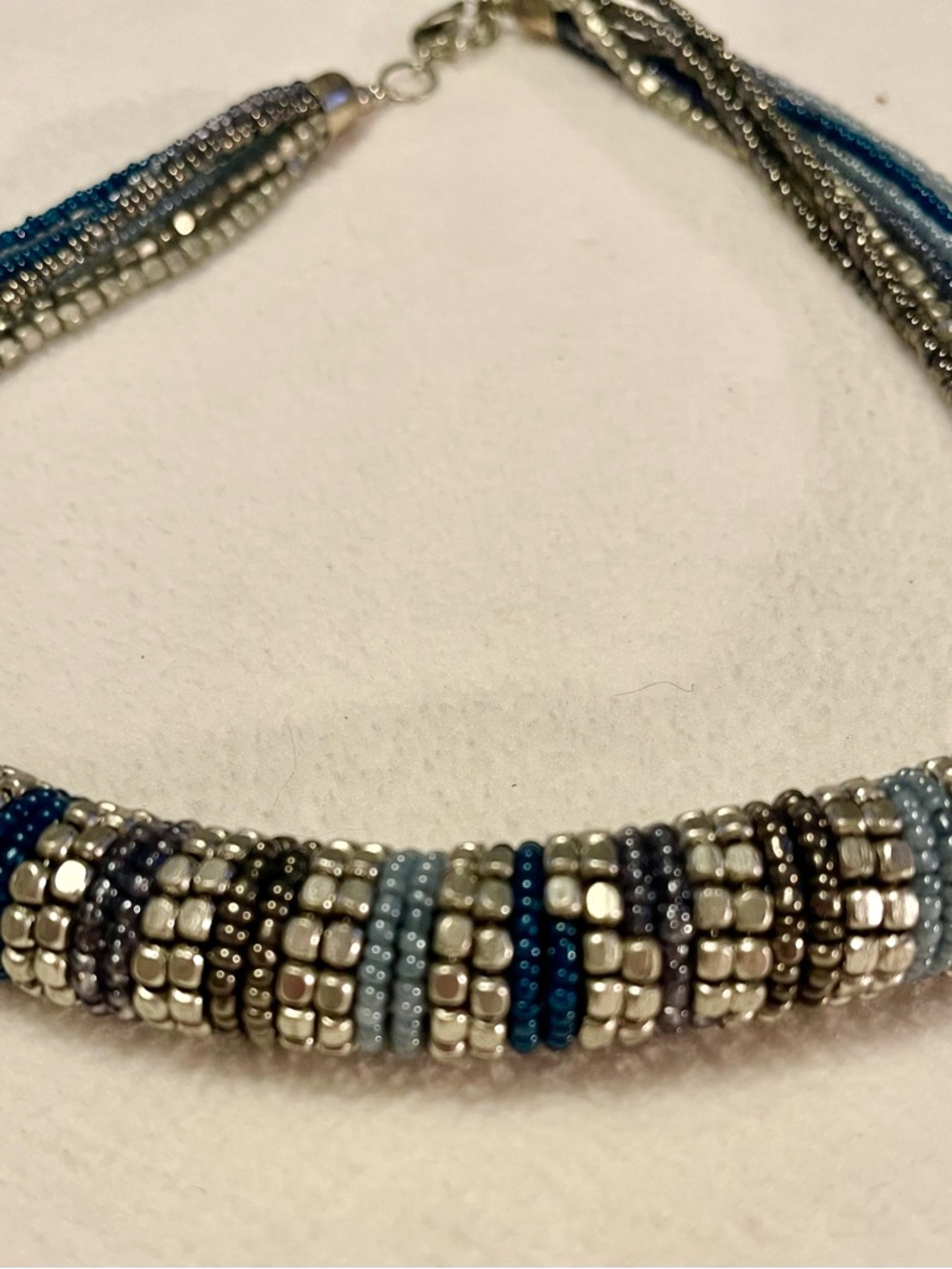 Multi-Strand Blue and Silver Seed Bead Necklace